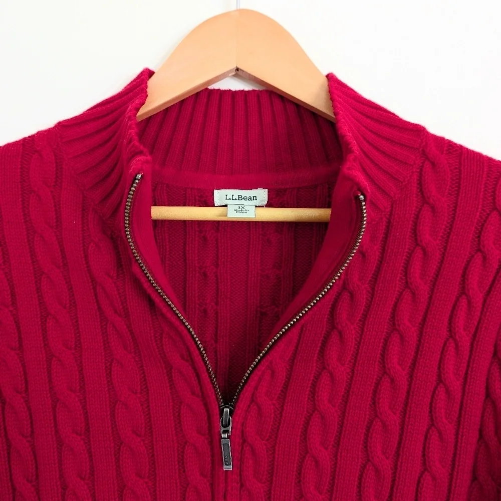 Like New L.L. Bean 100% Cotton‎ Cable Knit Full Zip Sweater Red Color Size 1X